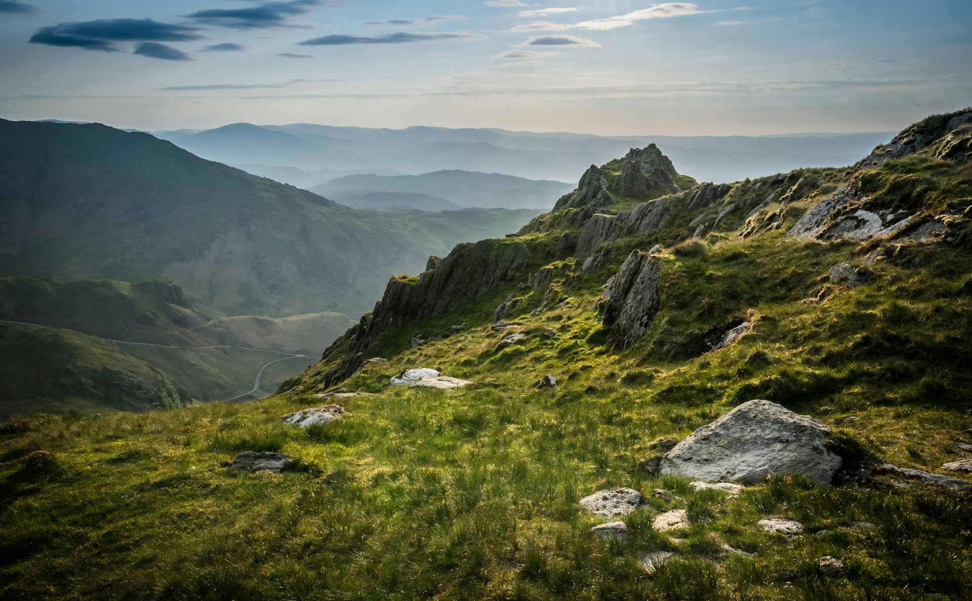 Crags and grass in the Lake District fells